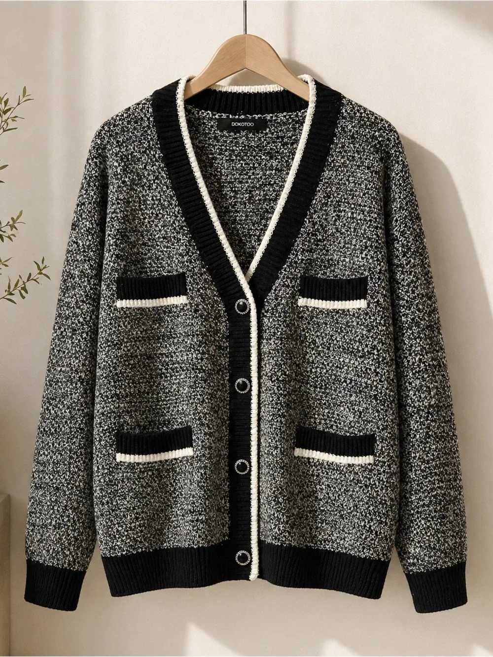 Chic Black White Cardigan Contrast Trim Button Front Cozy